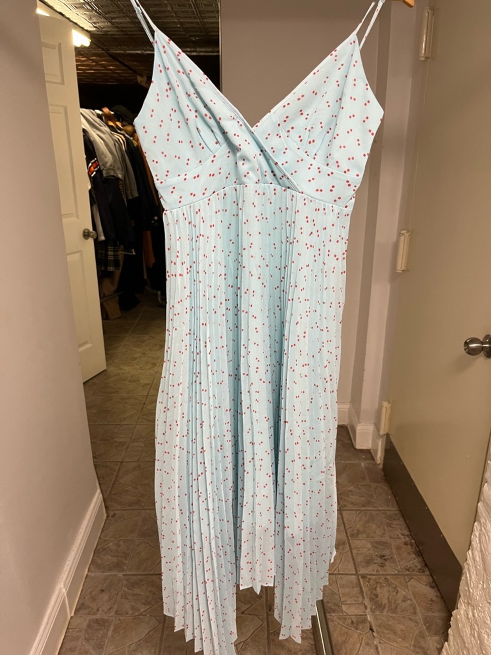Uniqlo Light Blue Spaghetti Strap Pleated Dress with Red Dot Print